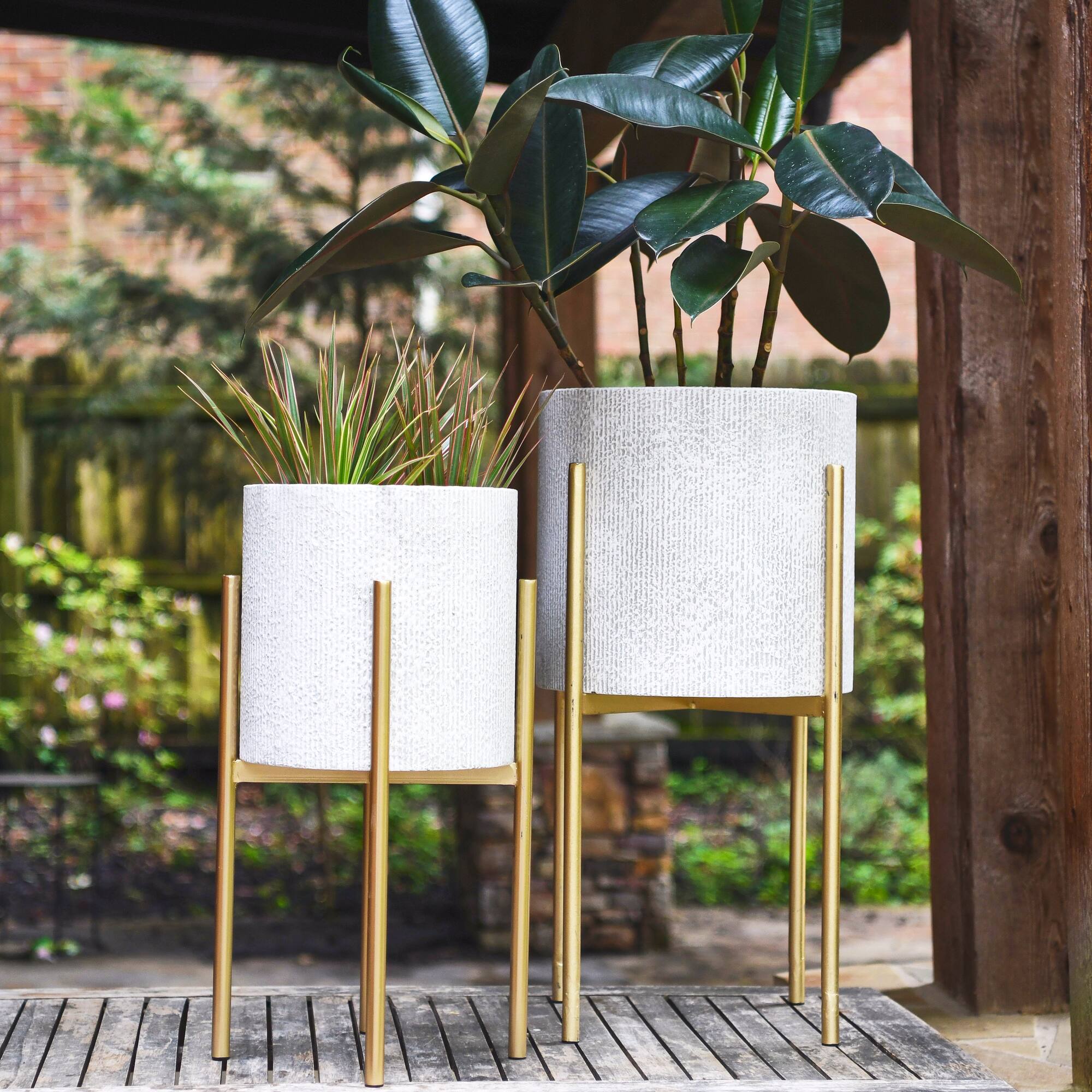 Hello Honey® & Gold Boho Embossed Metal Planters with Stands Set